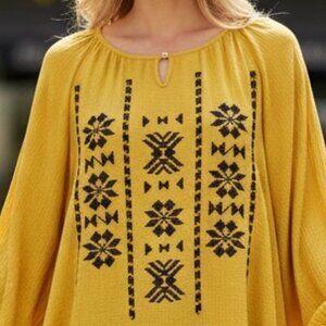 New Directions Boho Embroidered Tunic Top Women’s Medium Lime Yellow Rayon
